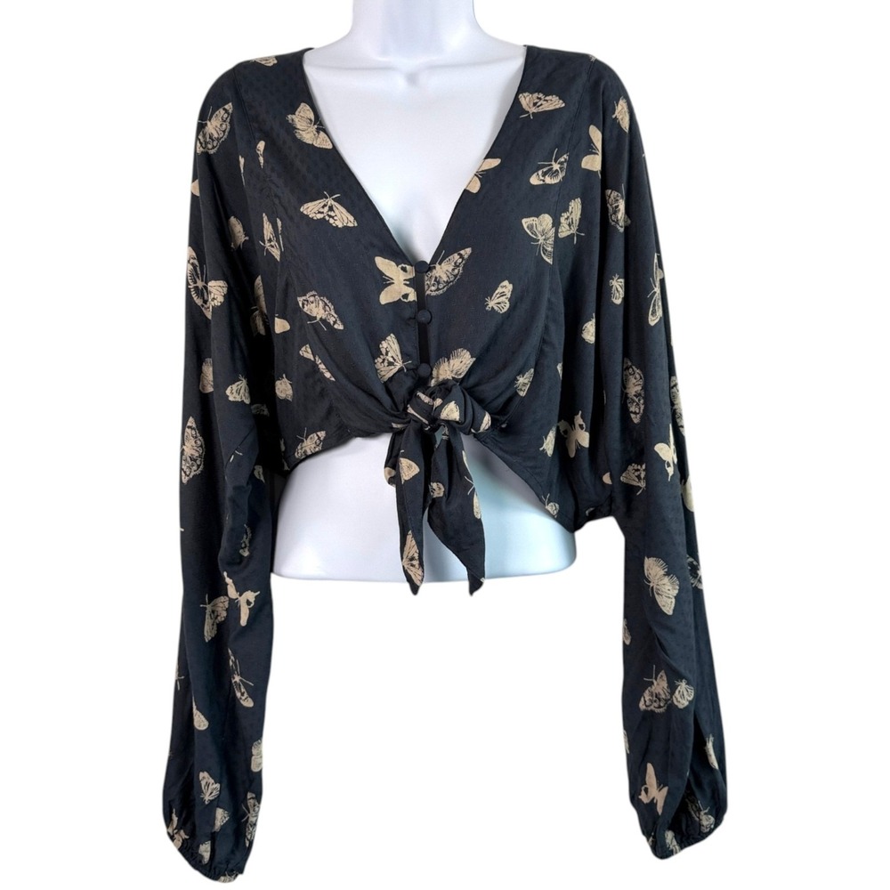 Urban Outfitters Butterfly Print Tie Front Crop Top Sz S Boho Fairy Grunge Y2K - Picture 2 of 10